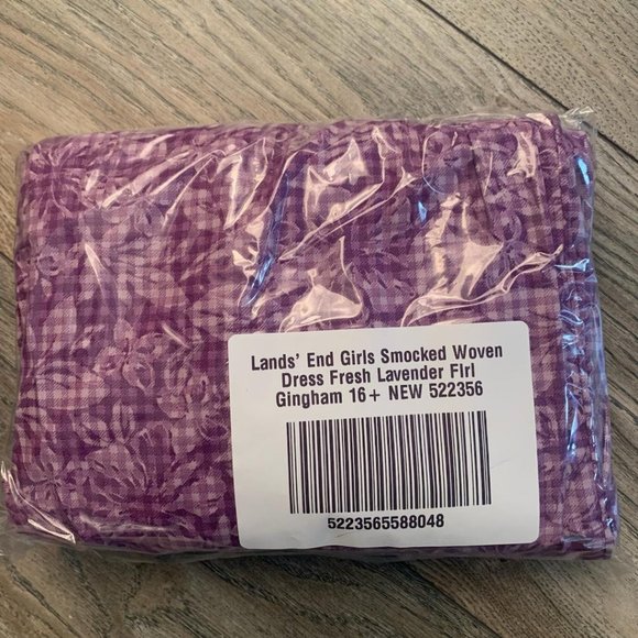 NWT LANDS' END GIRL'S SMOCKED WOVEN DRESS FRESH LAVENDER FLORAL GINGHAM 16+ - Picture 3 of 5